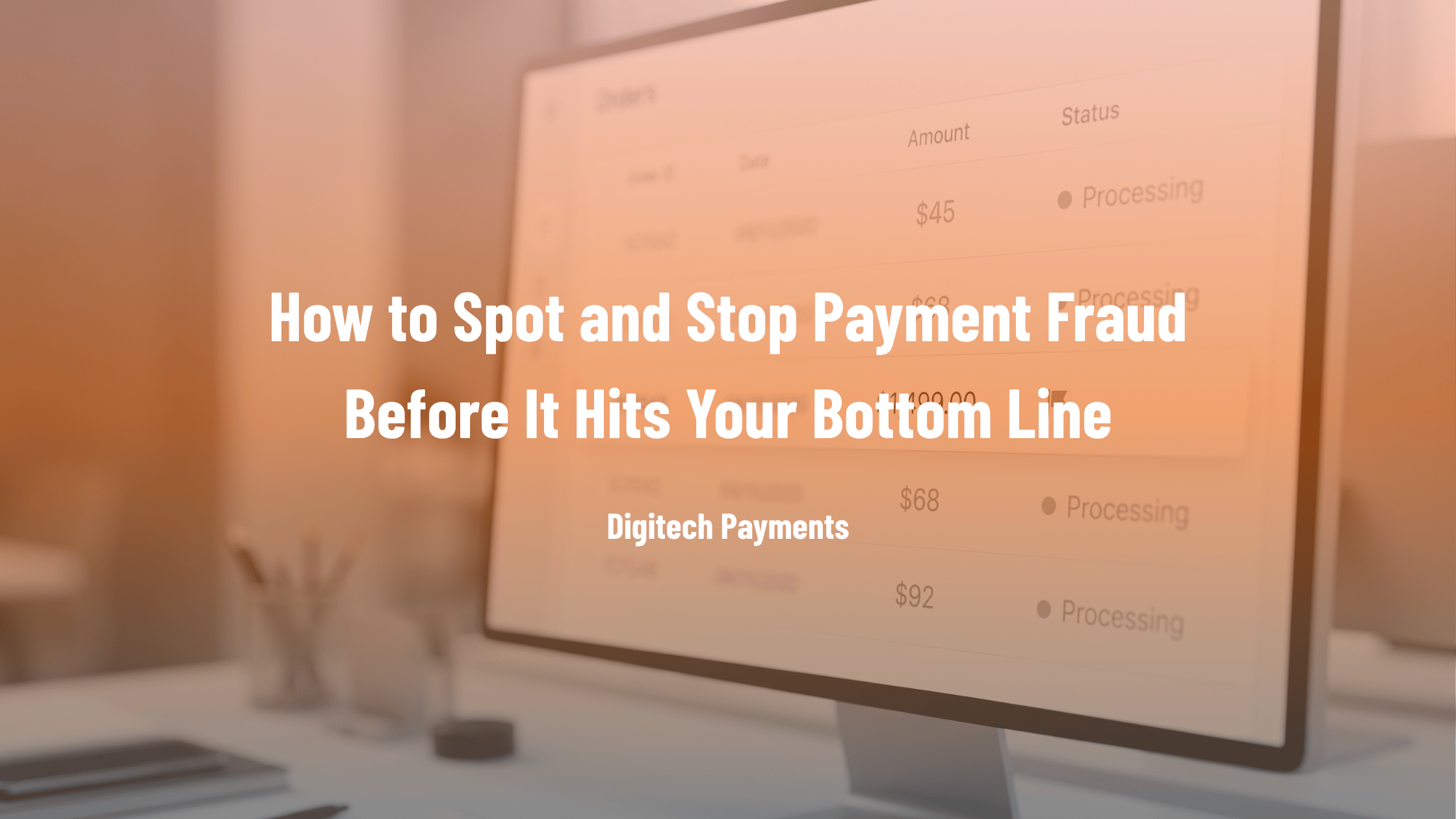 Digitech Payments blog banner on stopping payment fraud, displaying an e-commerce order processing dashboard on a desktop monitor.